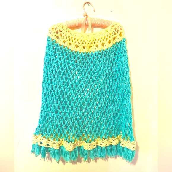 Vintage 50s 60s Blue White Knit Crochet Poncho Sweater S M L XL - Picture 6 of 6